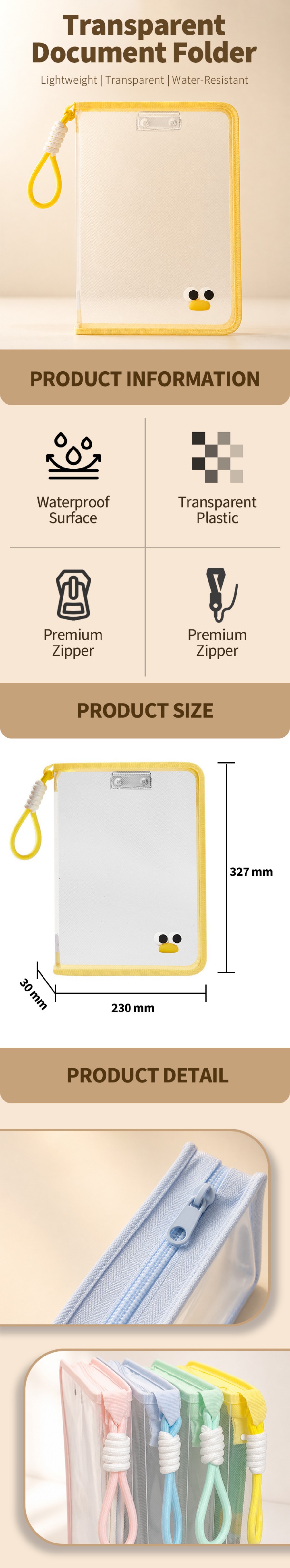 A4 Transparent Waterproof Thick Zipper Document Bag