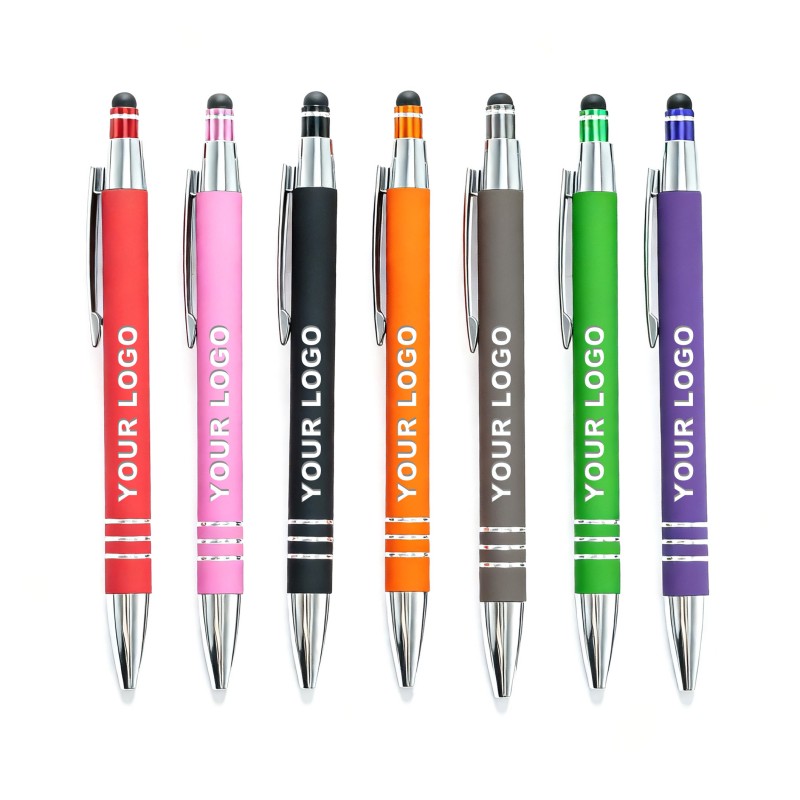 Penna soft touch colorata con pulsante in metallo